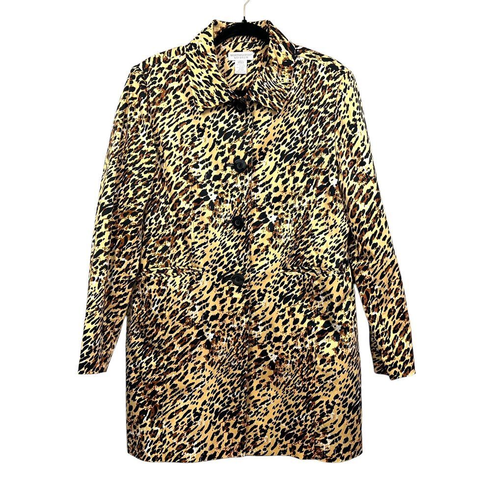 Worthington Stretch Womens Trench Coat Leopard Print Button Lined Pockets Sz L